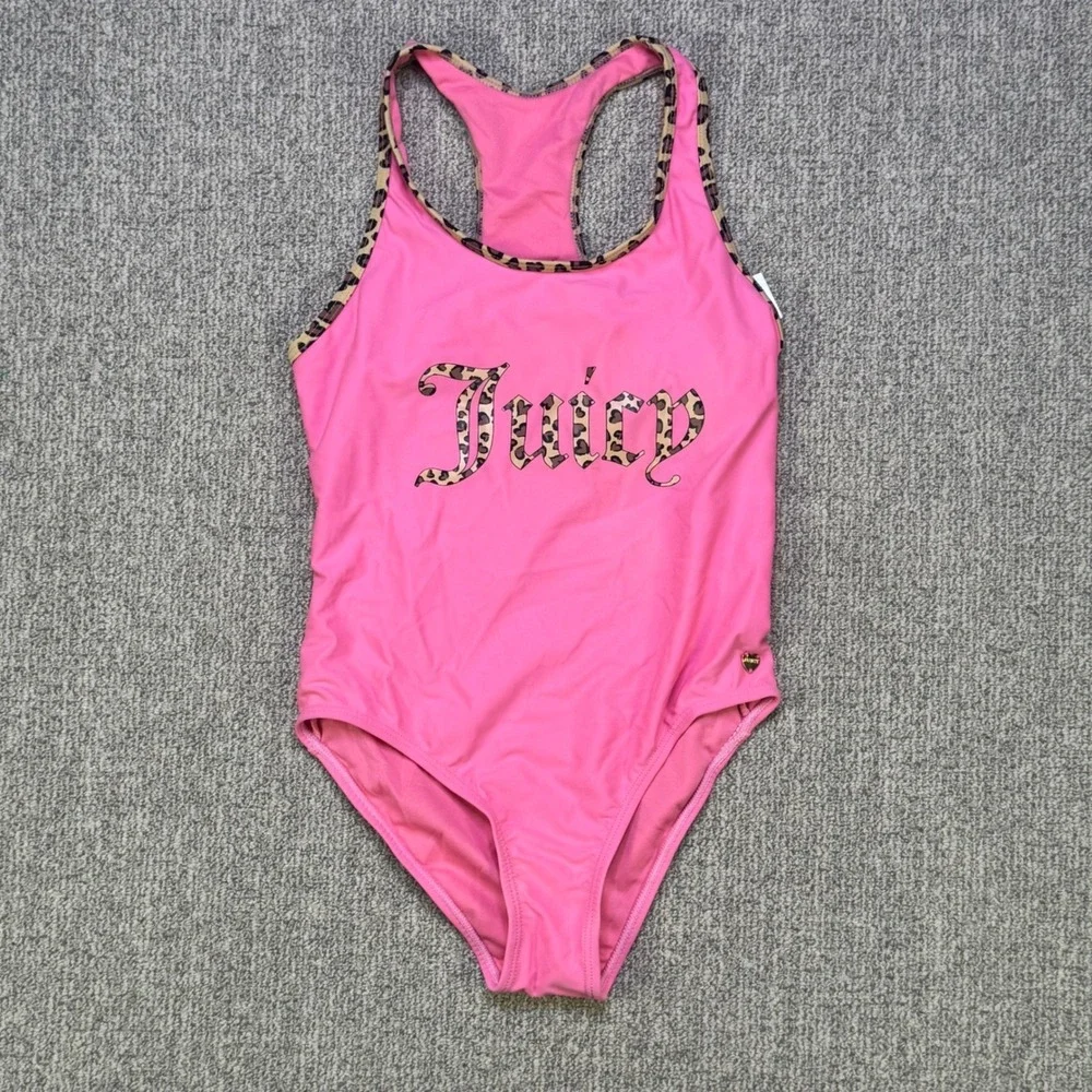 Juicy Couture Girls Pink Leopard One Piece Swimsuit Size 10 NWT Logo Charm‎